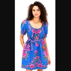 NWT FARM Rio Blue Summer Fruit Scarf Puff Sleeve Floral Linen Mini Dress Size XL